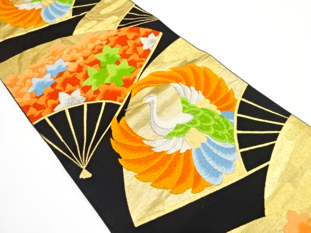 アンティーク　扇に鶴・紅葉模様織り出し袋帯（着用可）